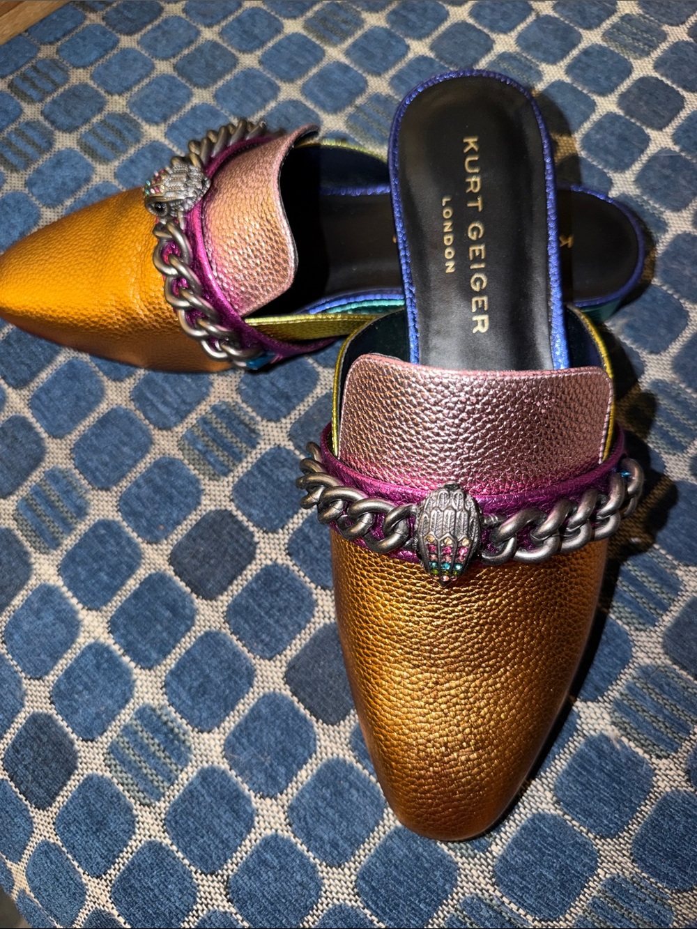 Kurt Geiger Metallic Gold and Pink Pointed Chain Mules size 38